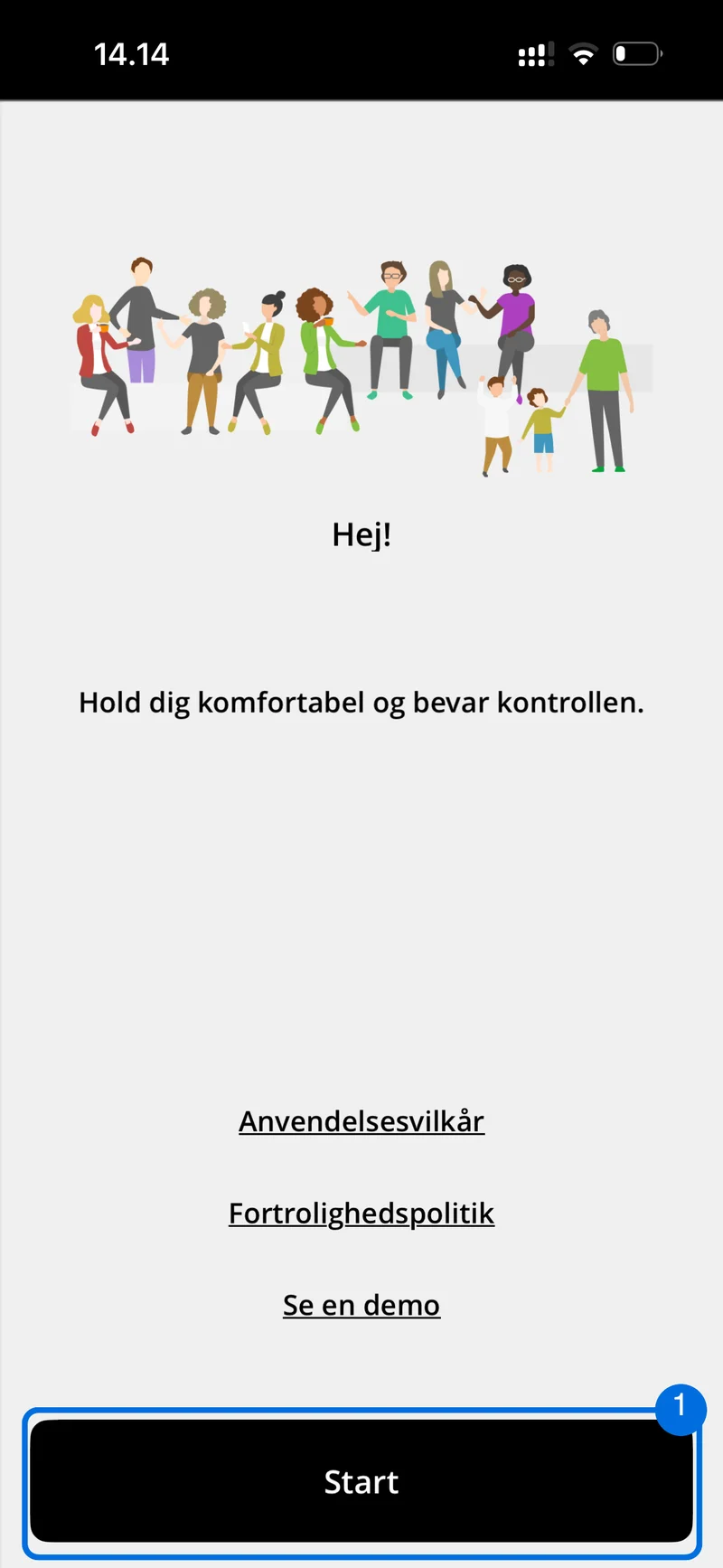 Comfort Cloud - velkomstskærm med knappen Start