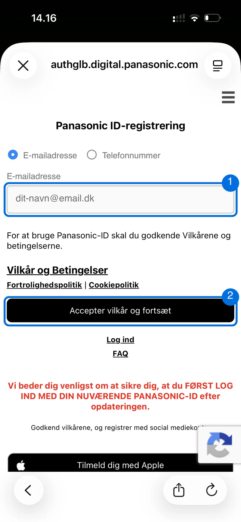 Panasonic ID-registrering - indtast e-mailadresse og accepter vilkår