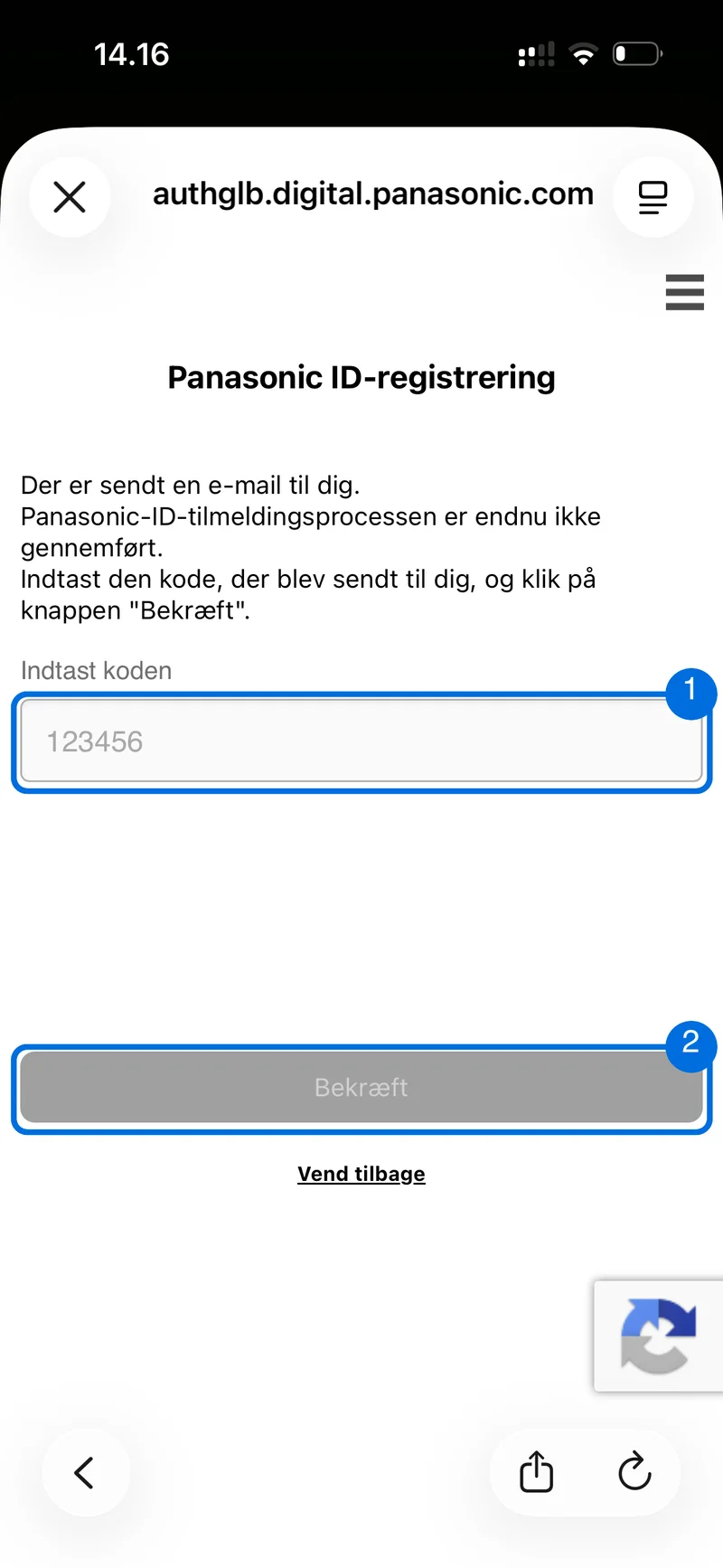 Panasonic ID-registrering - indtast bekræftelseskoden fra din e-mail