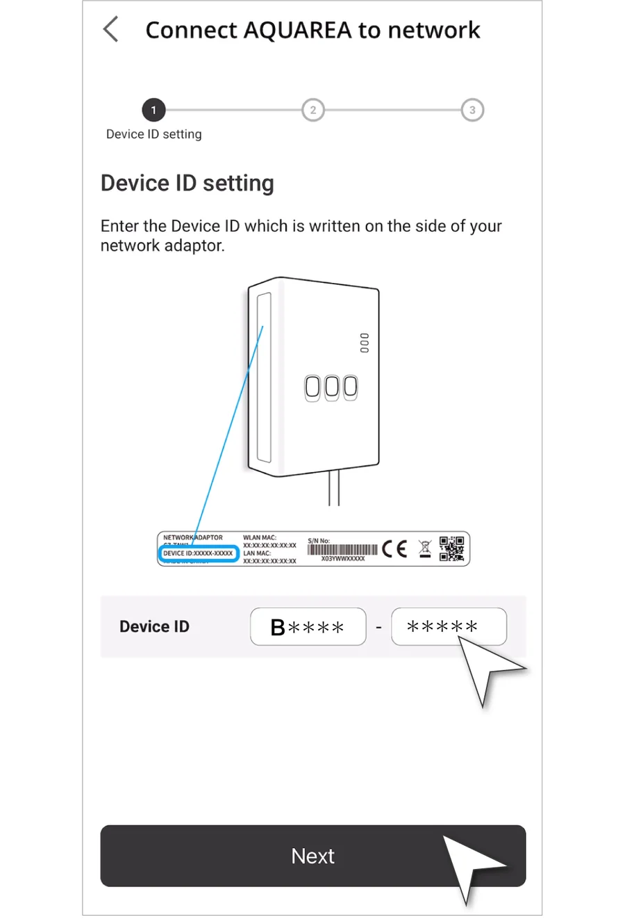 Comfort Cloud med felterne til Device ID og en illustration af mærkaten på siden af cloudmodulet